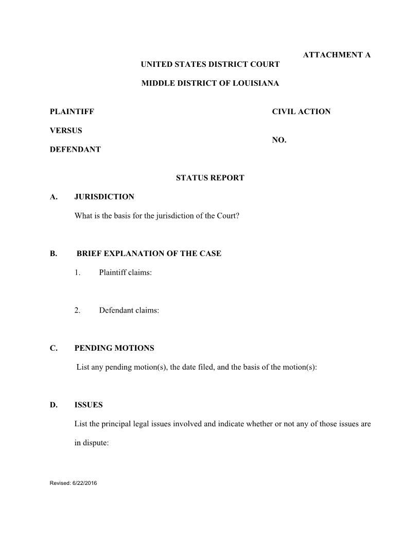 Status Report (Scheduling Order) With Magistrate Consent (Mag. Judges Bourgeois And Johnson) | Pdf Fpdf Docx | Louisiana