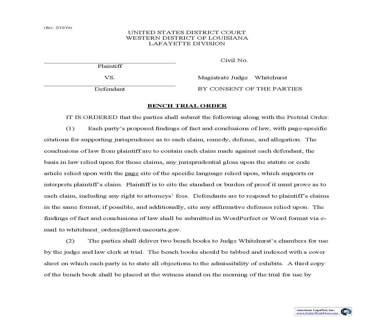 Bench Trial Order (Mag. Judge Whitehurst) | Pdf Fpdf Doc Docx | Louisiana