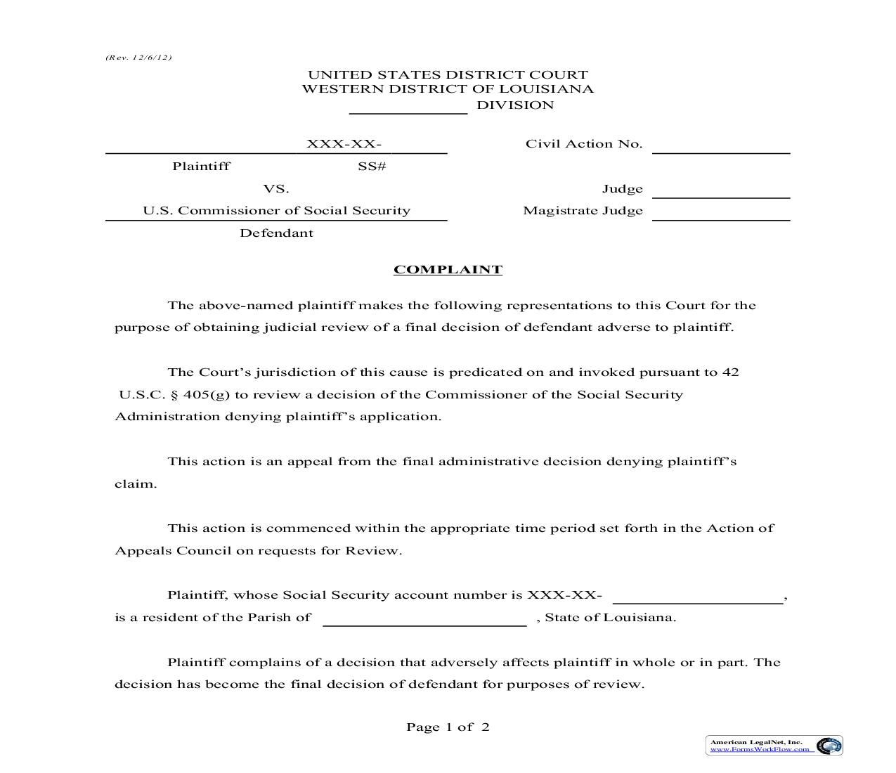 Complaint (Social Security) | Pdf Fpdf Doc Docx | Louisiana