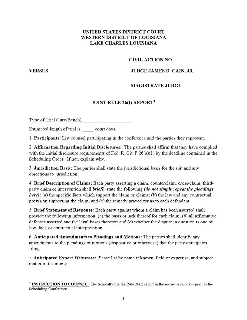 Joint Rule 26(f) Report (Judge Cain) | Pdf Fpdf Docx | Louisiana