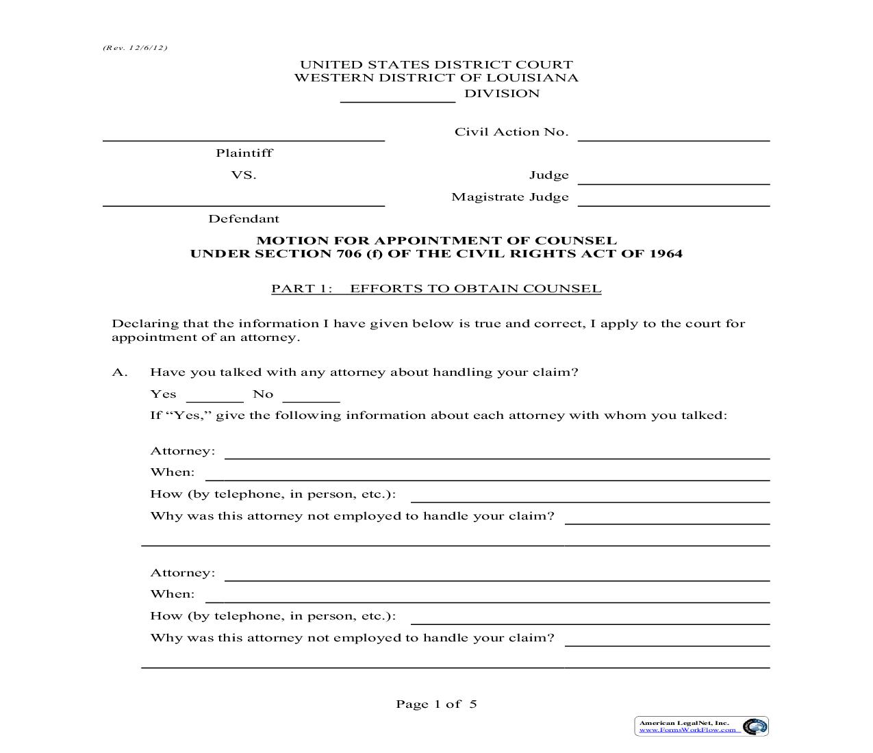 Motion For Appointment Of Counsel Under Section 706(f) Of Civil Rights Act Of 1964 | Pdf Fpdf Doc Docx | Louisiana