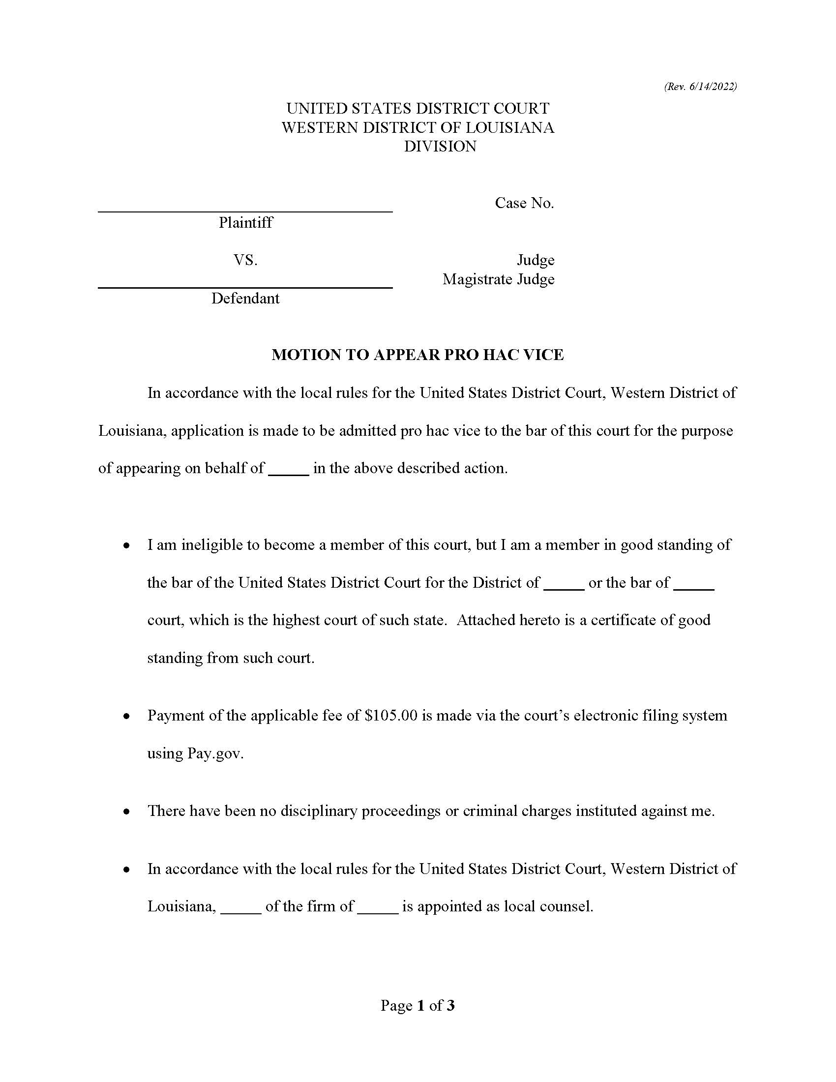 Motion To Appear Pro Hac Vice With Certificate Of Service And Order | Pdf Fpdf Doc Docx | Louisiana