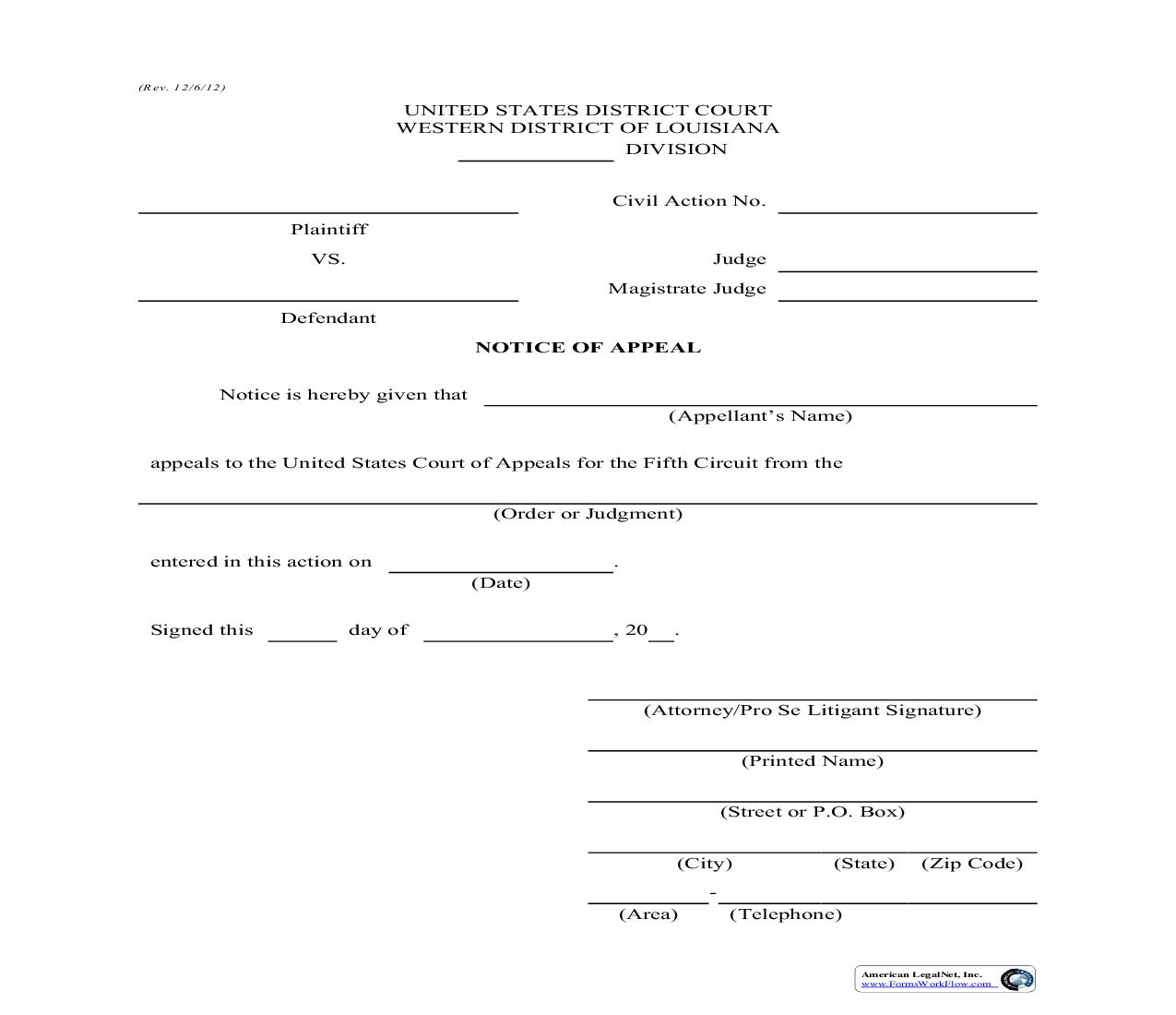 Notice Of Appeal (Civil) | Pdf Fpdf Doc Docx | Louisiana