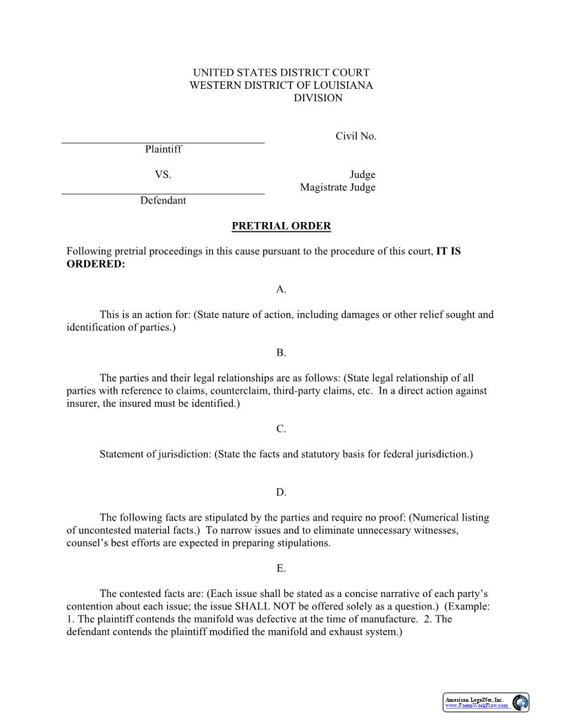 Pretrial Order (Judge James Judge Doughty) | Pdf Fpdf Docx | Louisiana