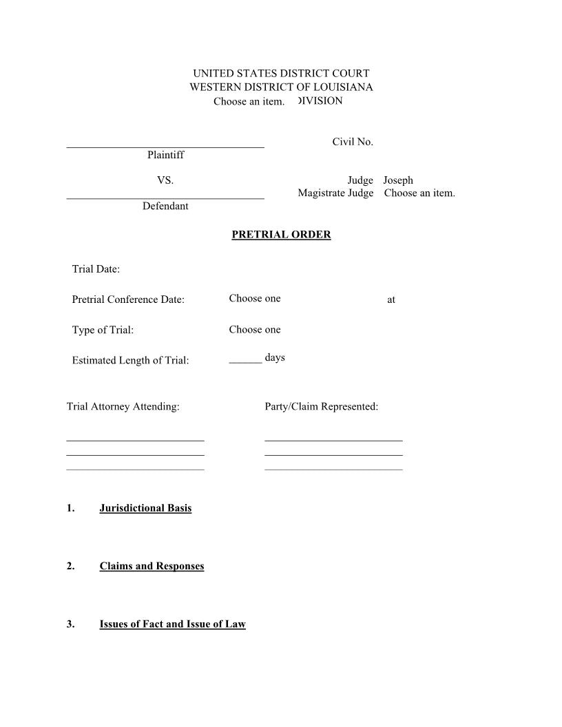 Pretrial Order (Judge Joseph) | Pdf Fpdf Docx | Louisiana