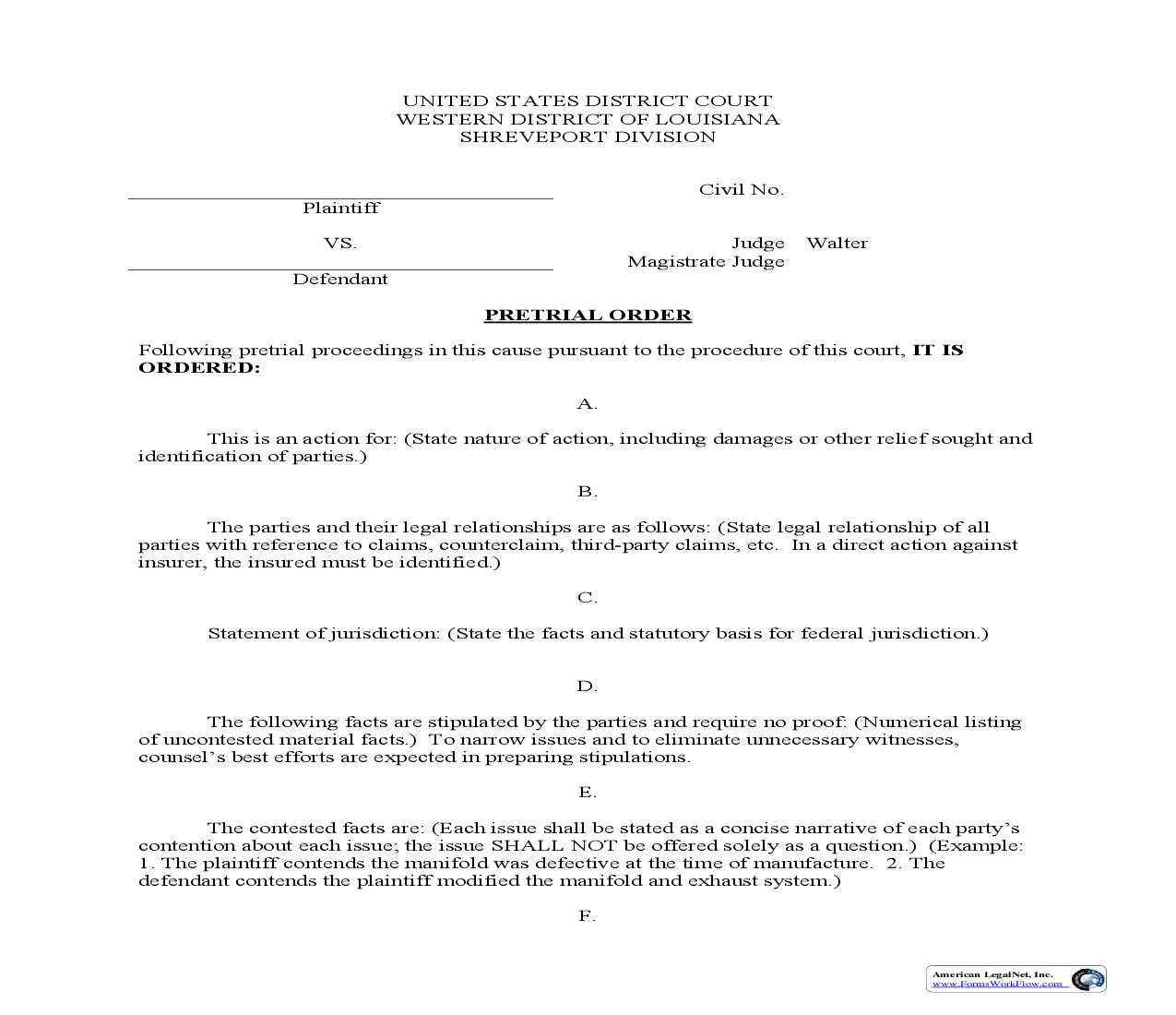 Pretrial Order (Judge Walter) | Pdf Fpdf Doc Docx | Louisiana