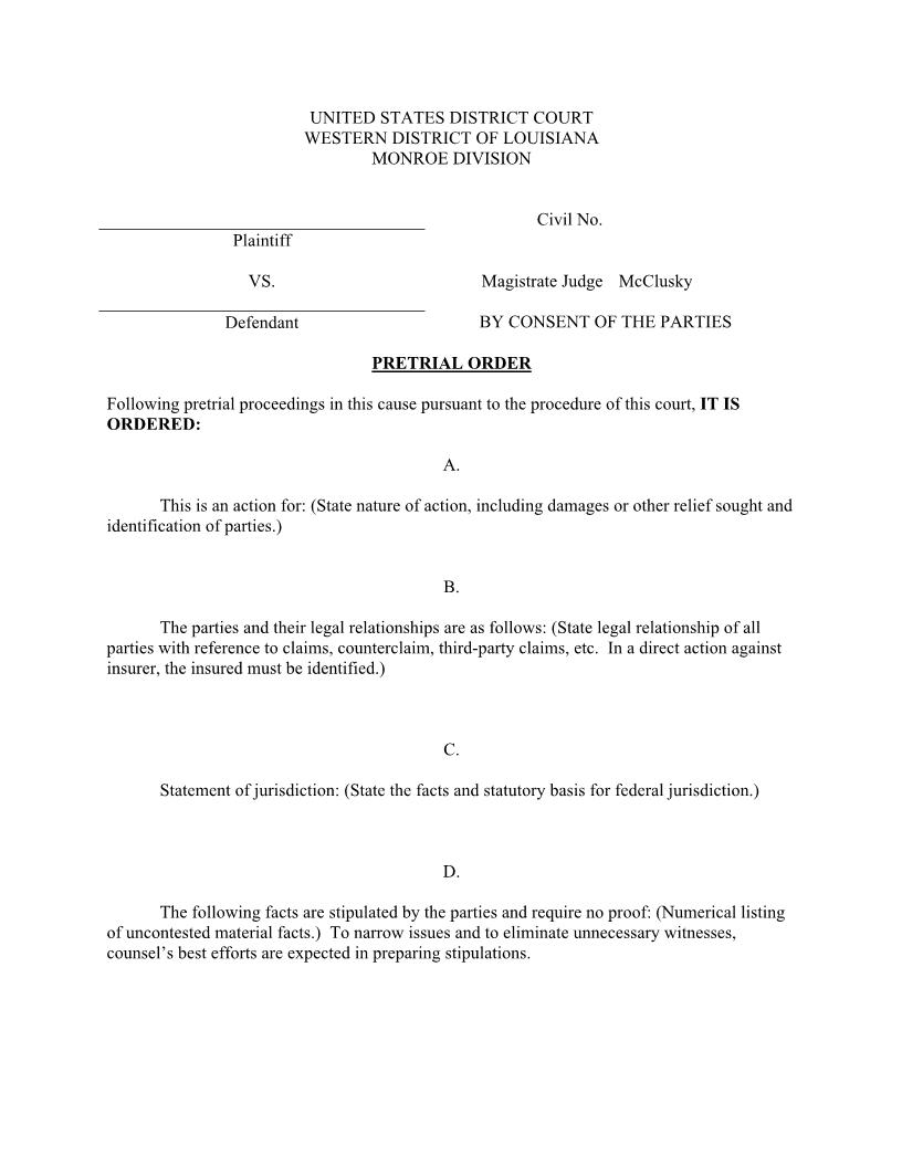 Pretrial Order (Mag Judge McClusky Consent Case Only) {LAWD POMcCCC} | Pdf Fpdf Docx | Louisiana