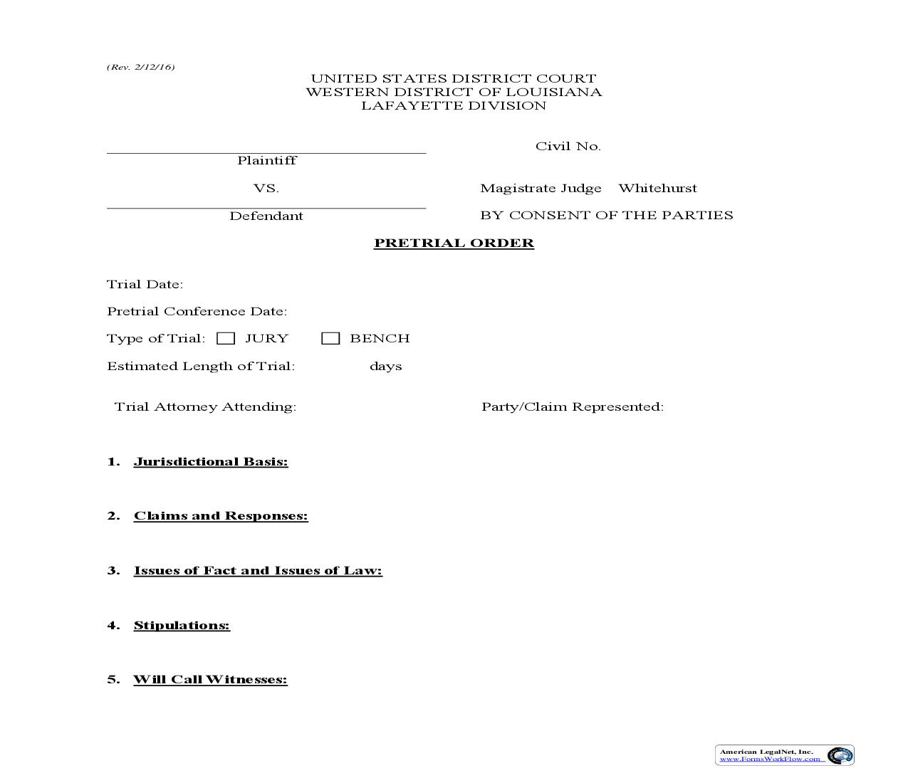 Pretrial Order (Mag. Judge Whitehurst) | Pdf Fpdf Doc Docx | Louisiana