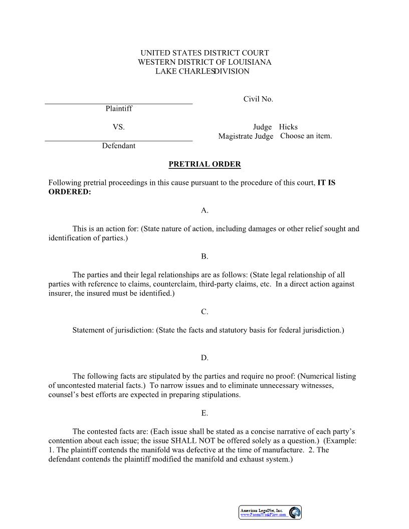 Pretrial Order Judge Hicks | Pdf Fpdf Docx | Louisiana