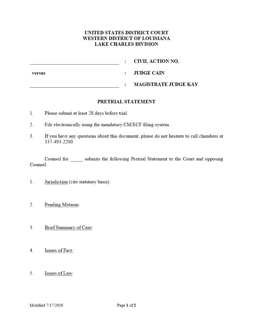 Pretrial Statement (Judge Cain) | Pdf Fpdf Docx | Louisiana