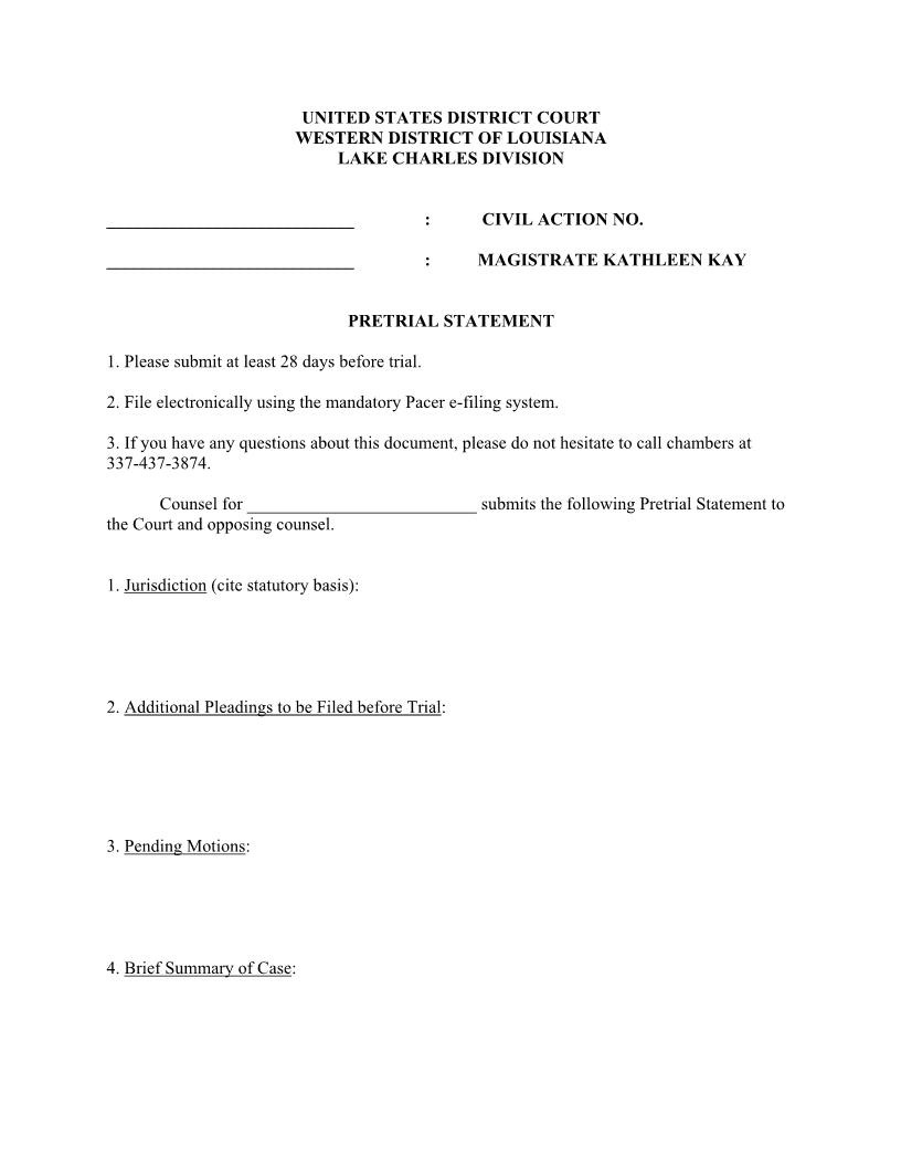Pretrial Statement Mag Judge Kay Consent Case Only {LAWD PSKCC} | Pdf Fpdf Docx | Louisiana