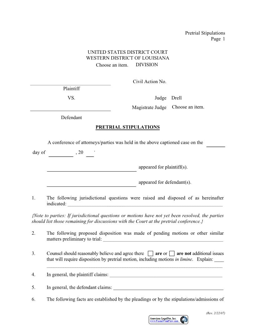 Pretrial Stipulations Judge Drell | Pdf Fpdf Docx | Louisiana