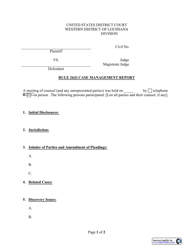 Rule 26(f) Case Management Report (Judge James Judge Doughty) | Pdf Fpdf Docx | Louisiana