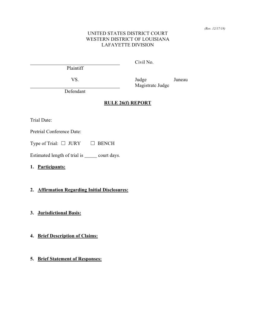 Rule 26(f) Report (Judge Juneau) | Pdf Fpdf Docx | Louisiana