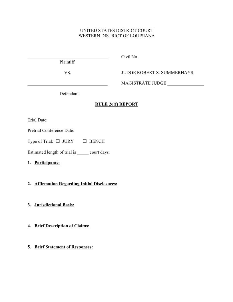 Rule 26(f) Report (Judge Summerhays) | Pdf Fpdf Docx | Louisiana