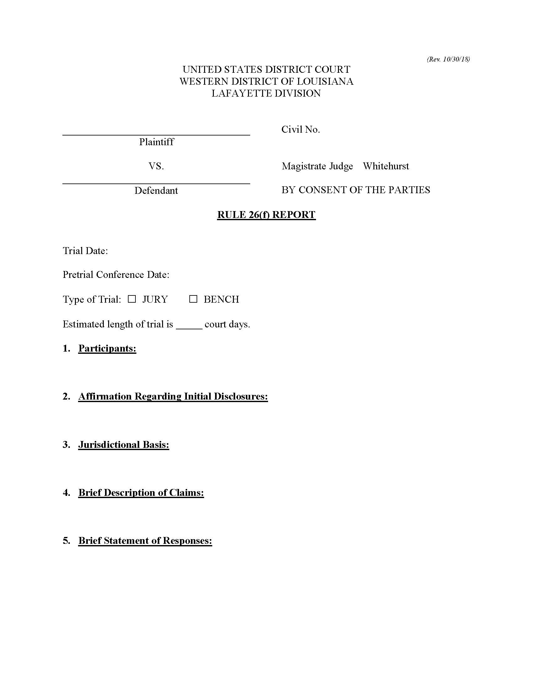 Rule 26(f) Report (Mag. Judge Whitehurst) | Pdf Fpdf Doc Docx | Louisiana