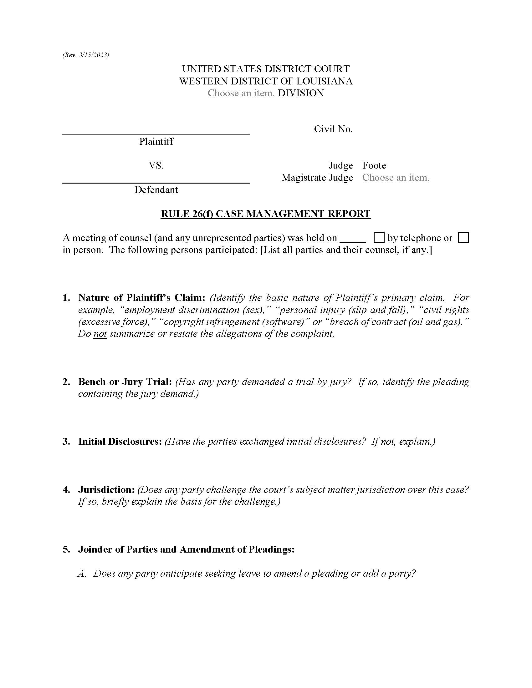 Rule 26f Case Management Report (Judge Foote) | Pdf Fpdf Docx | Louisiana