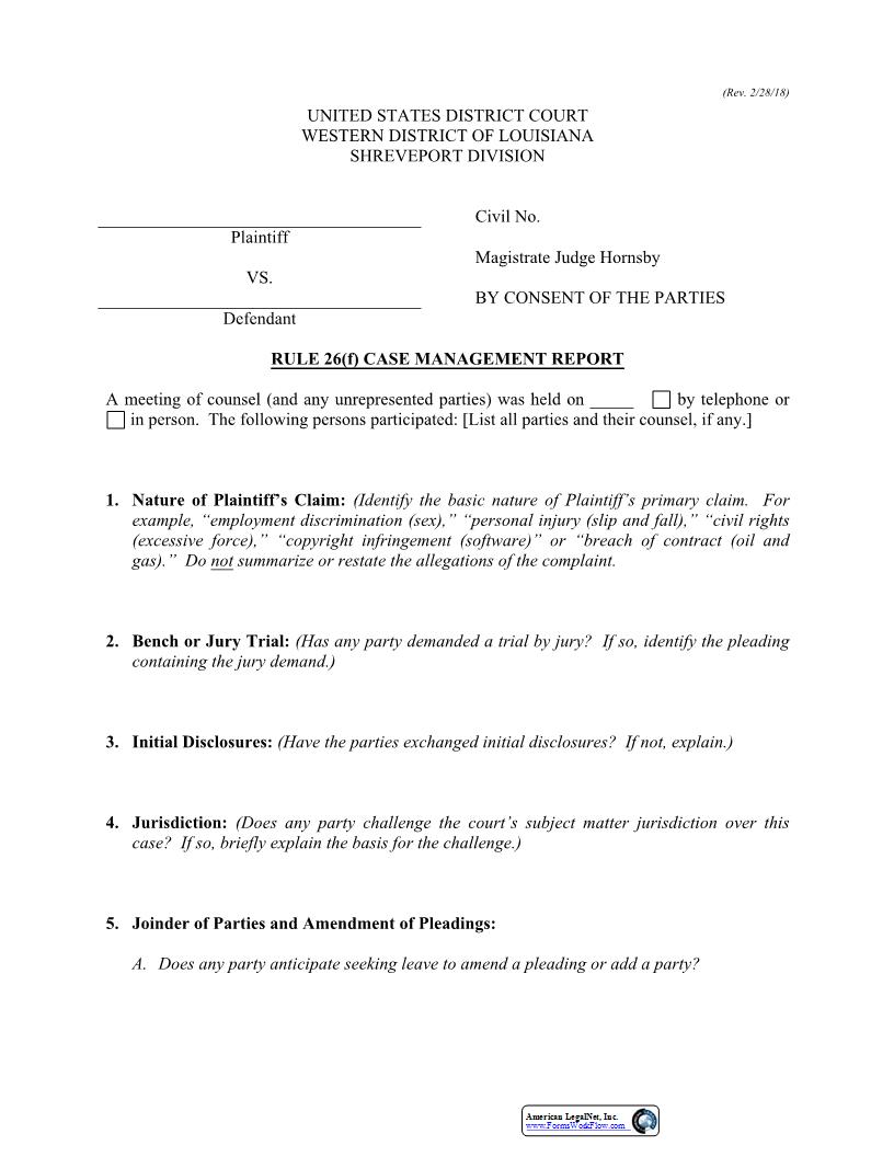 Rule 26f Case Management Report Mag Judge Hornsby Consent Only | Pdf Fpdf Docx | Louisiana