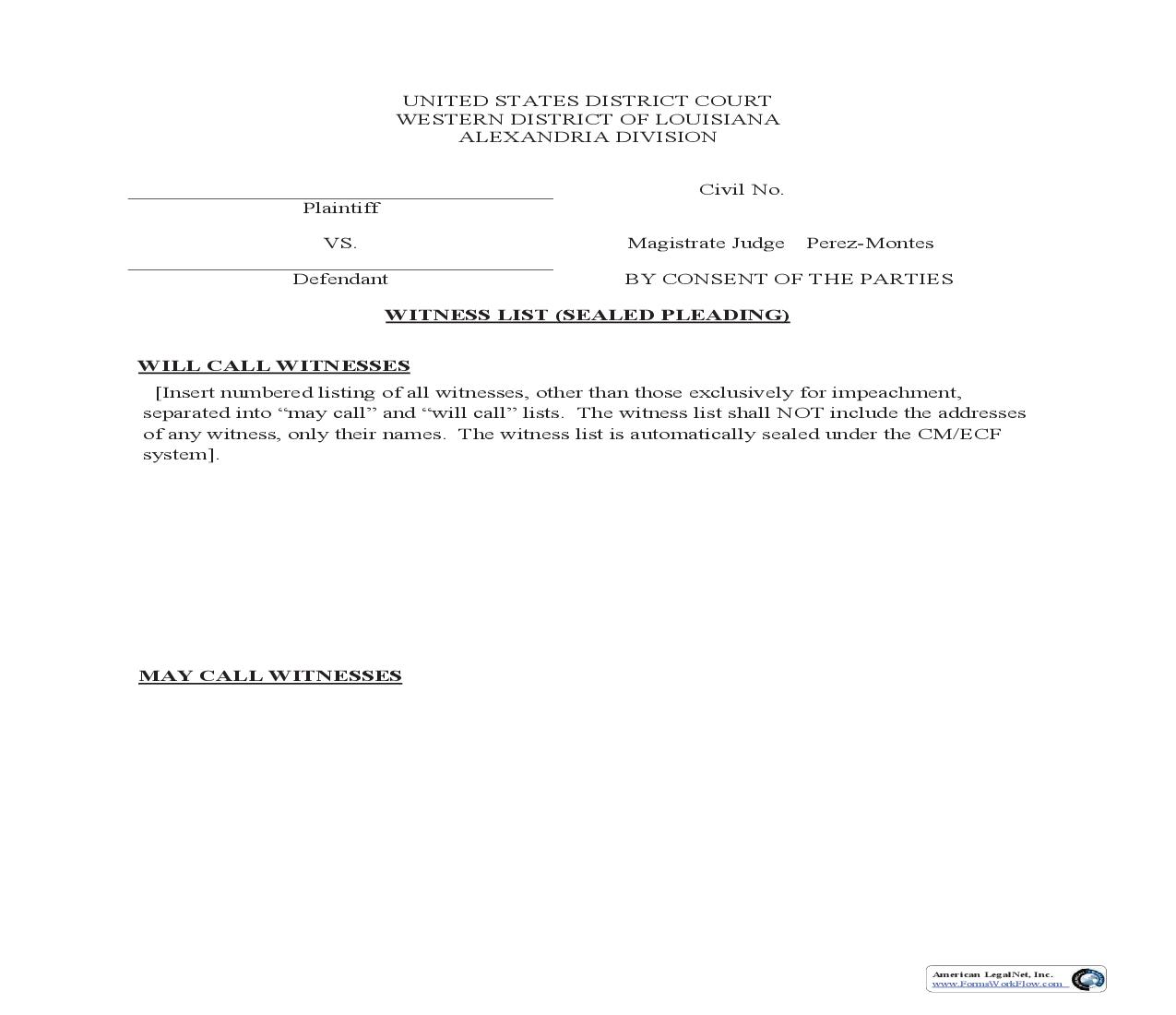 Witness List (Sealed Pleading) (Mag. Judge Perez-Montes) | Pdf Fpdf Doc Docx | Louisiana