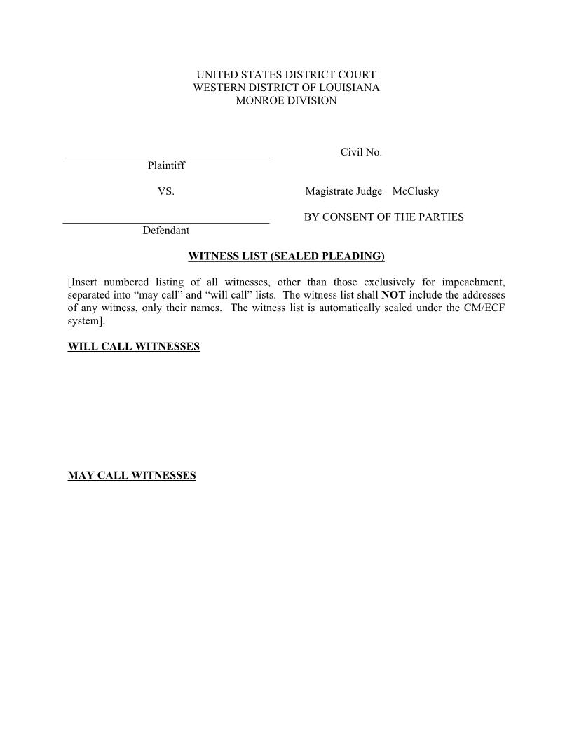 Witness List Sealed Pleading (Mag Judge McClusky Consent Case Only) {LAWD WLSPMcCCC} | Pdf Fpdf Docx | Louisiana