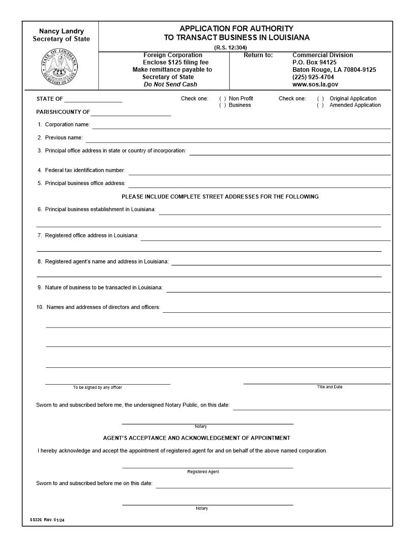 Application For Authority To Transact Business In Louisiana (Foreign Corp) {326} | Pdf Fpdf Docx | Louisiana