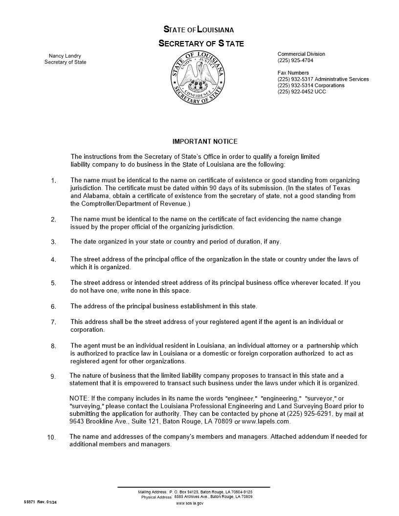 Application For Authority To Transact Business In Louisiana (Foreign LLC) {972} | Pdf Fpdf Docx | Louisiana