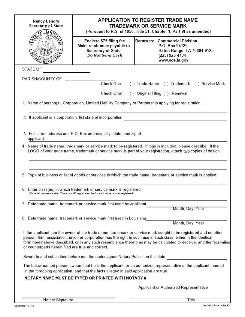 Application To Register Trade Name Trade Mark Or Service Mark {309} | Pdf Fpdf Docx | Louisiana