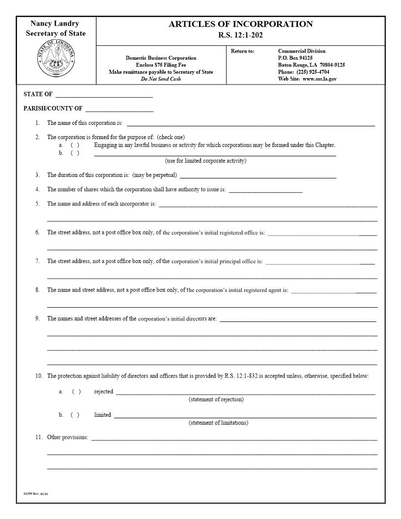 Articles Of Incorporation (Domestic Business Corp) {399} | Pdf Fpdf Docx | Louisiana
