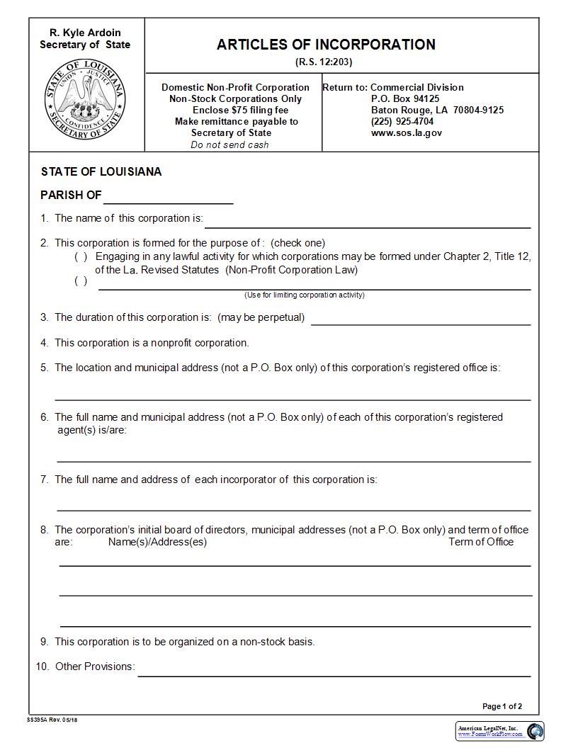 Articles Of Incorporation (Domestic Non-Profit Non-Stock) {395} | Pdf Fpdf Docx | Louisiana