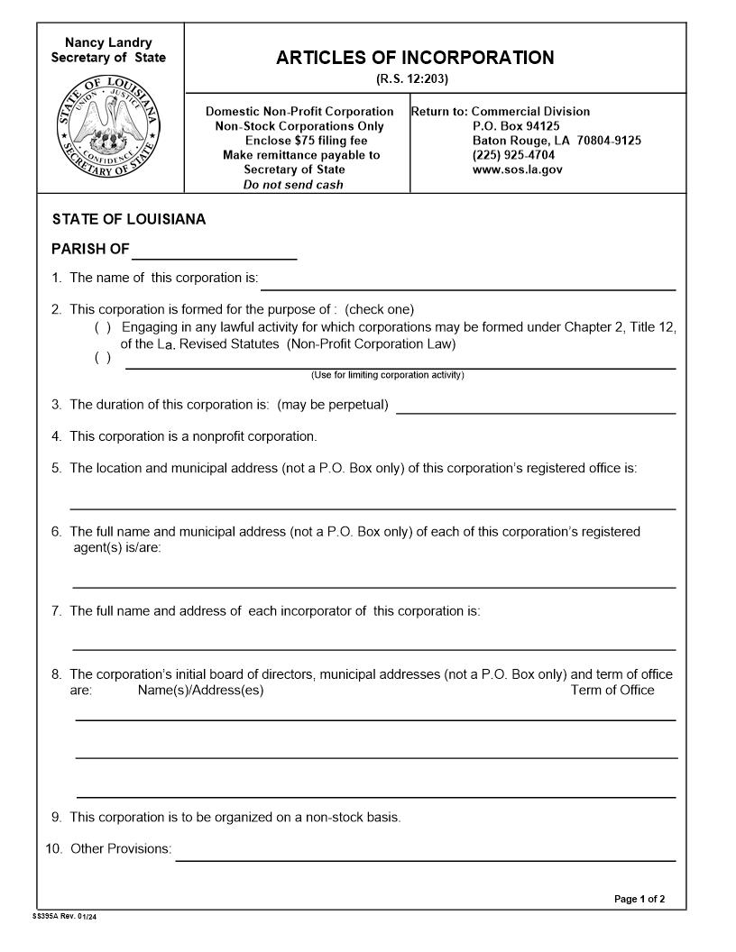 Articles Of Incorporation (Domestic Nonprofit Corp-Non Stock Only) {395A} | Pdf Fpdf Doc Docx | Louisiana