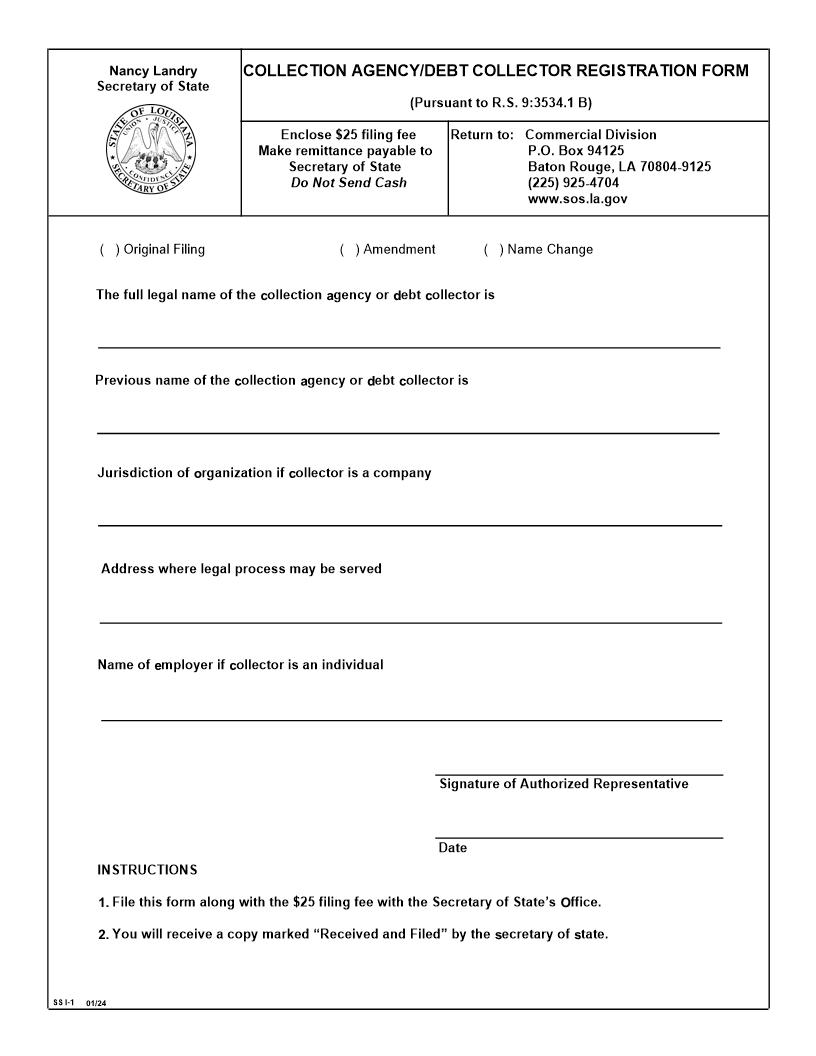 Collection Agency-Debt Collector Registration Form {I-1} | Pdf Fpdf Doc Docx | Louisiana