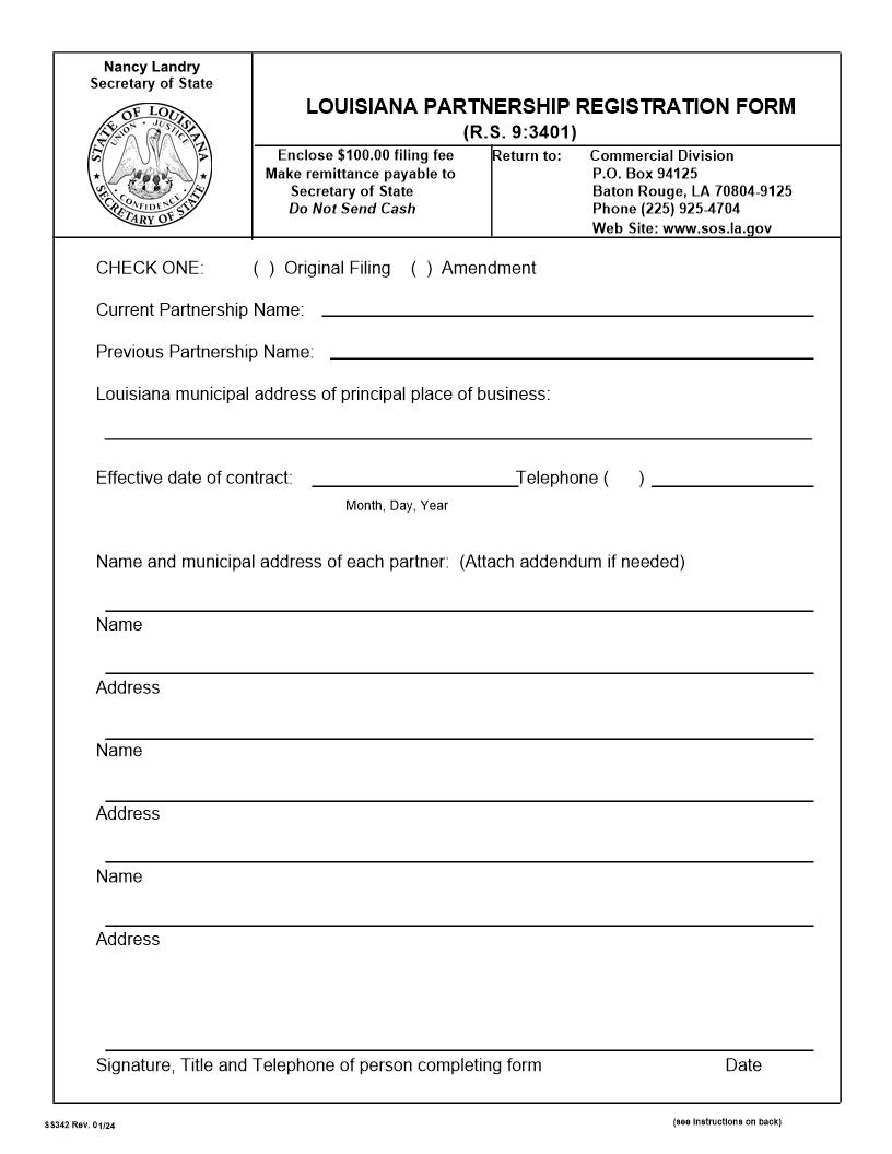 Louisiana Partnership Registration Form {342} | Pdf Fpdf Docx | Louisiana