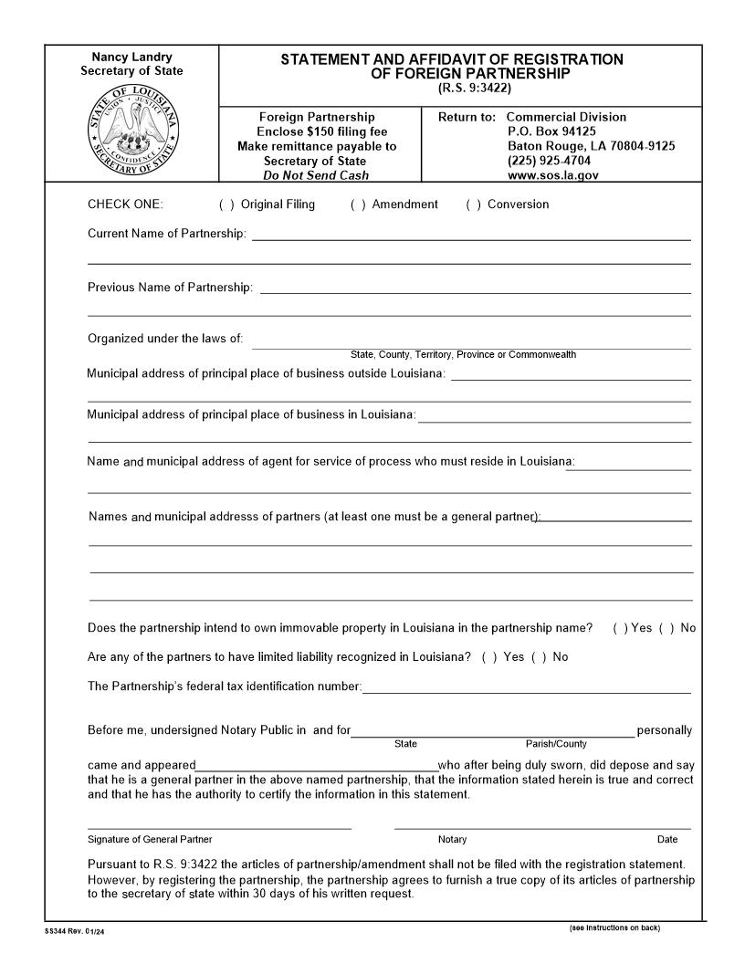Statement And Affidavit Of Registration Of Foreign Partnership {344} | Pdf Fpdf Docx | Louisiana