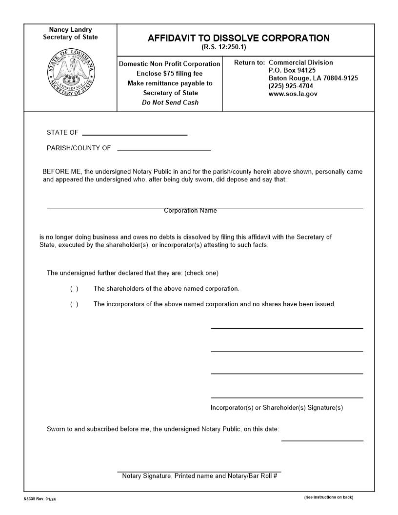 Affidavit To Dissolve Corporation (Domestic Non Profit) {339} | Pdf Fpdf Docx | Louisiana