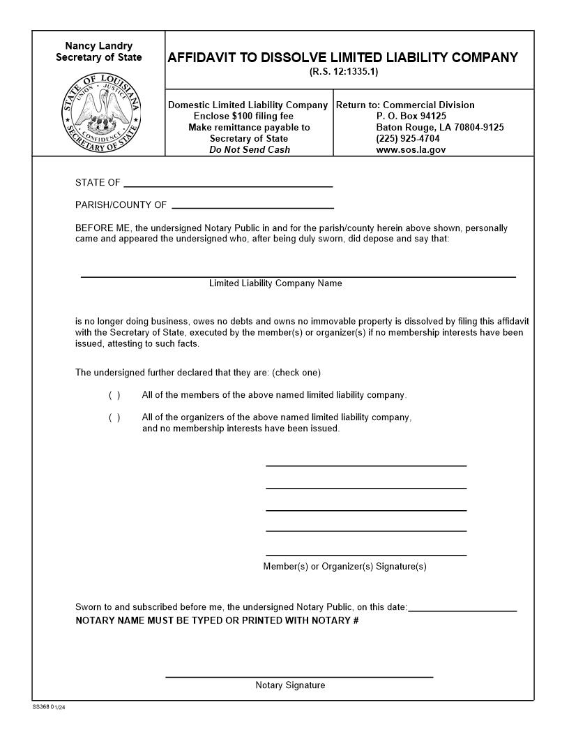 Affidavit To Dissolve Limited Liability Company (Domestic LLC) {368} | Pdf Fpdf Docx | Louisiana