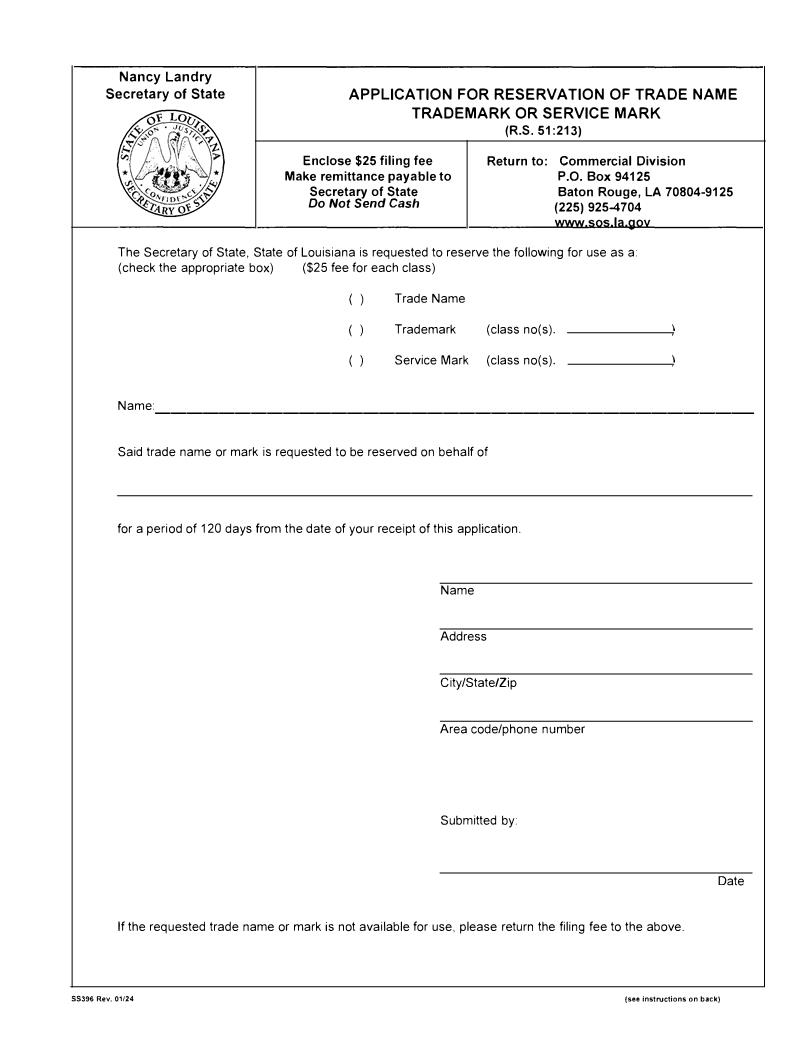 Application For Reservation Of Trade Name Trade Mark Or Service Mark {396} | Pdf Fpdf Docx | Louisiana