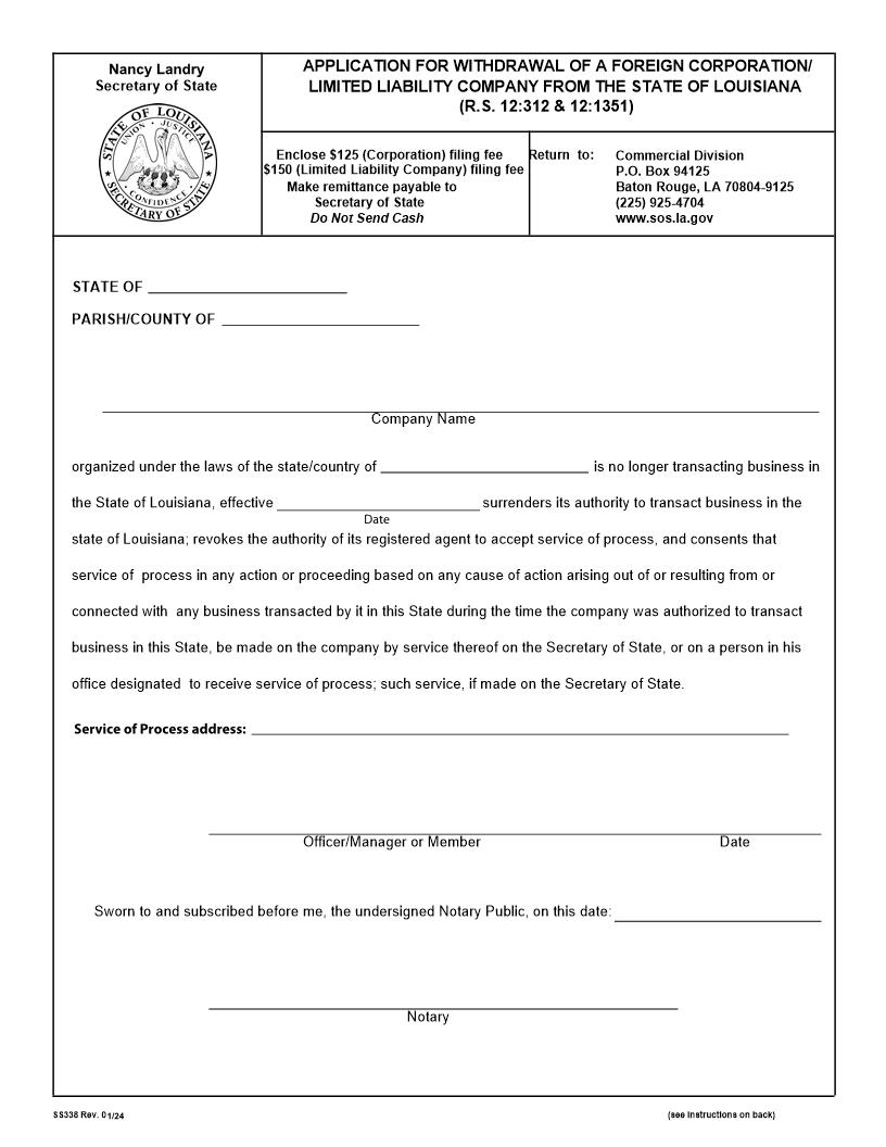 Application For Withdrawal Of Foreign Corporation Or Limited Liability Company {338} | Pdf Fpdf Docx | Louisiana