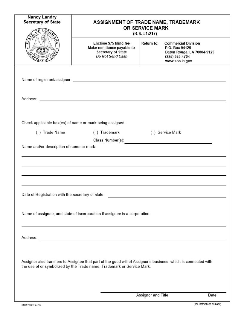 Assignment Of Trade Name Trade Mark Or Service Mark {397} | Pdf Fpdf Docx | Louisiana