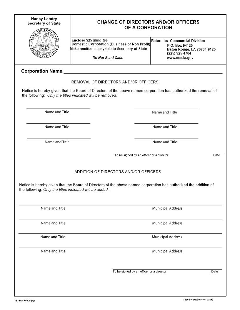 Change Of Directors  And Or Officers Of A Corporation {354A} | Pdf Fpdf Doc Docx | Louisiana