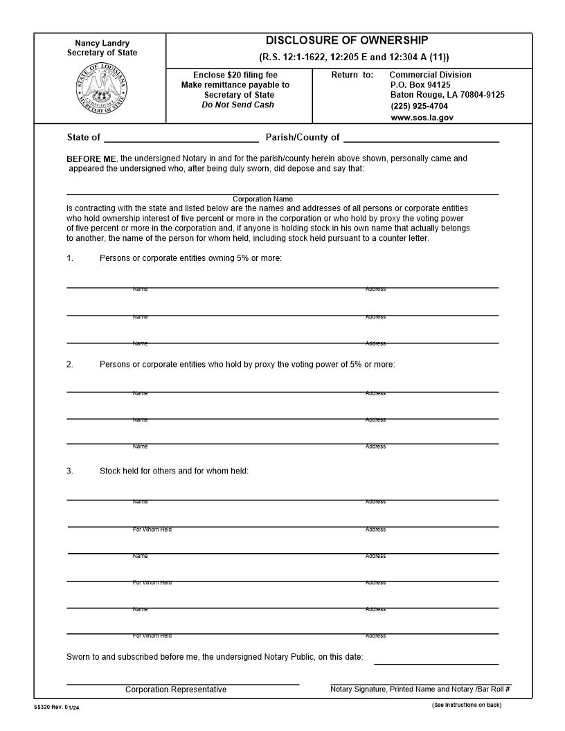 Disclosure Of Ownership (Corp) {320} | Pdf Fpdf Docx | Louisiana