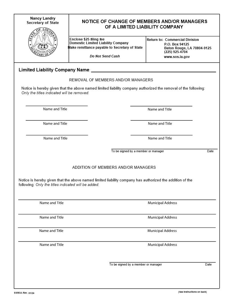 Notice Of Change Of Members And Or Managers Of A Limited Liability Company {983A} | Pdf Fpdf Docx | Louisiana