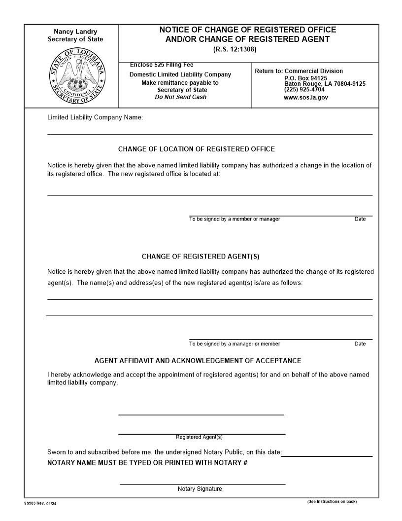 Notice Of Change Of Registered Office And Or Change Of Registered Agent (Domestic LLC) {983} | Pdf Fpdf Docx | Louisiana