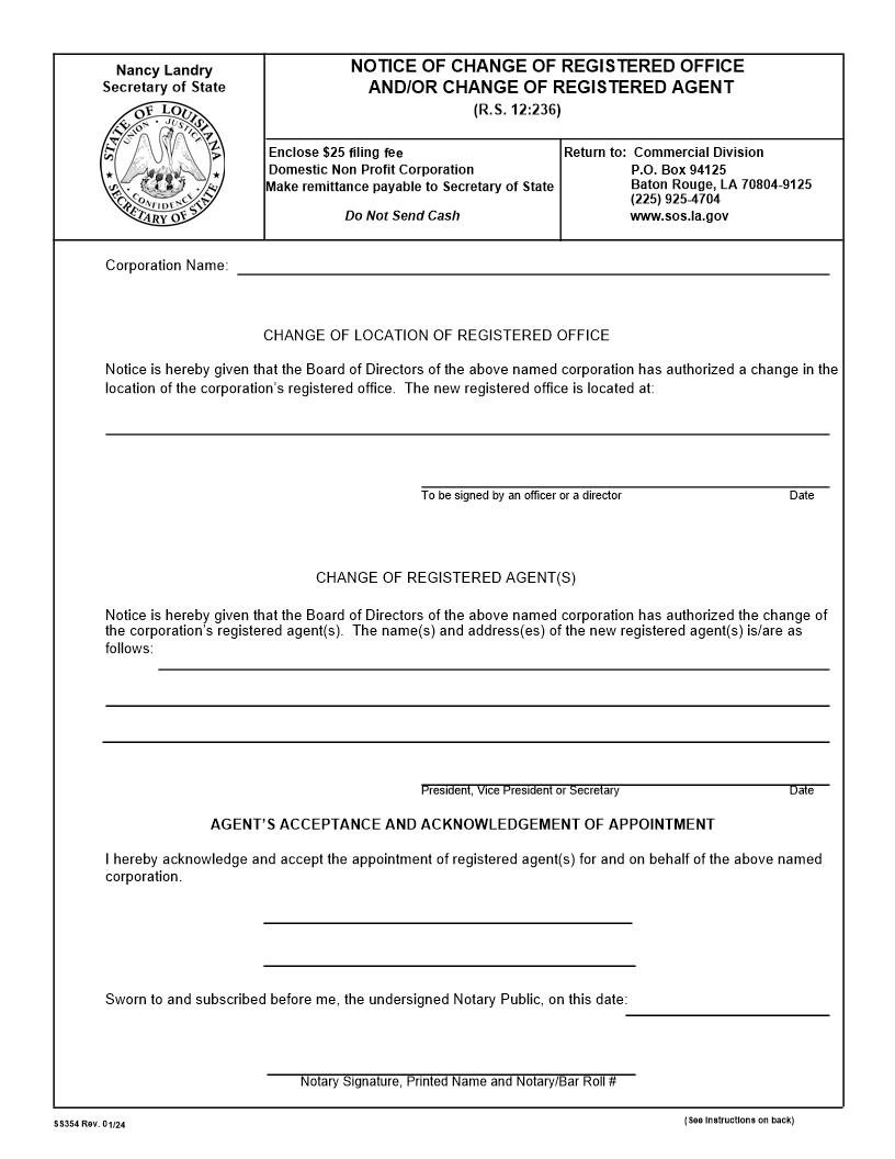 Notice Of Change Of Registered Office And Or Change Of Registered Agent (Domestic Non Profit  Corp) {354} | Pdf Fpdf Doc Docx | Louisiana