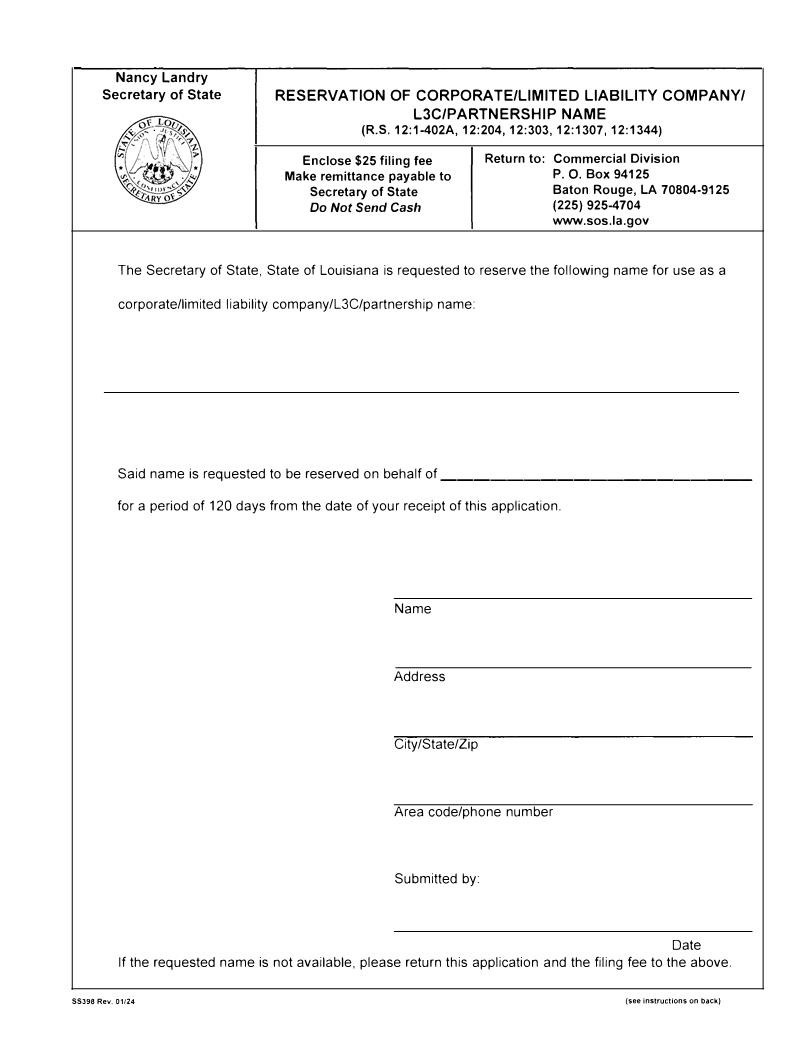 Reservation Of Corporate LLC L3C Or Partnership Name {398} | Pdf Fpdf Docx | Louisiana