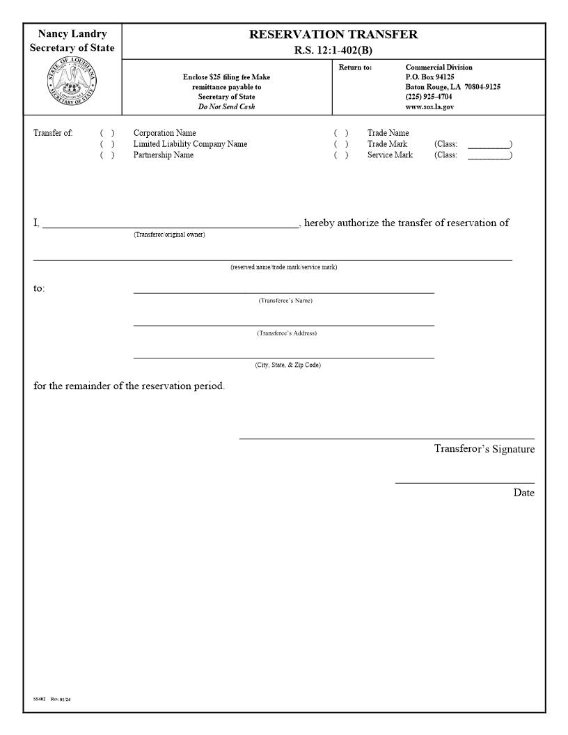 Reservation Transfer {402} | Pdf Fpdf Docx | Louisiana