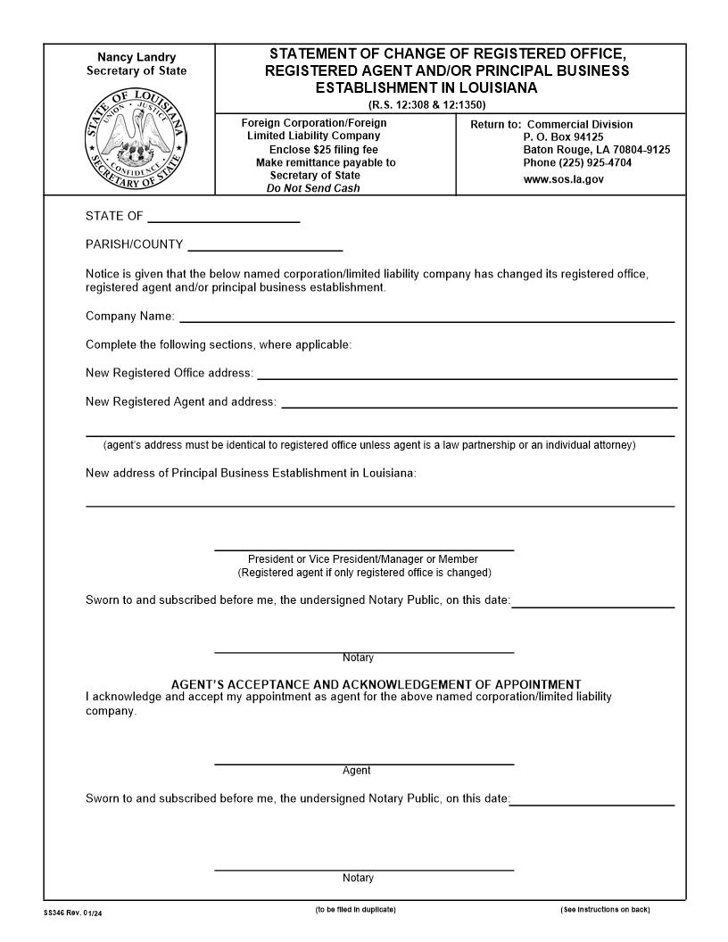 Statement Of Change Of Registered Office Registered Agent And Or Principal Business Establishment {346} | Pdf Fpdf Doc Docx | Louisiana