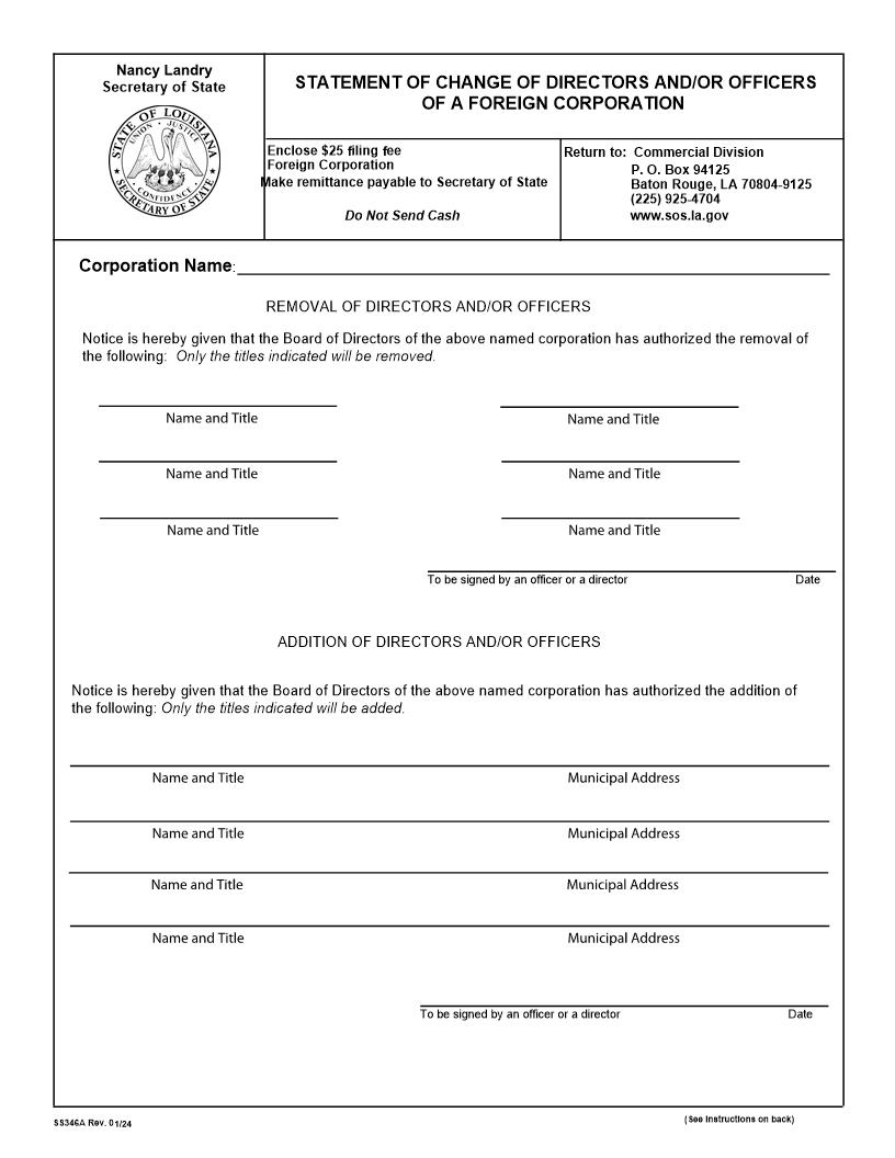 Statement Of Change OfDirectors And Or Officers Of A Foreign Corporation {346A} | Pdf Fpdf Docx | Louisiana