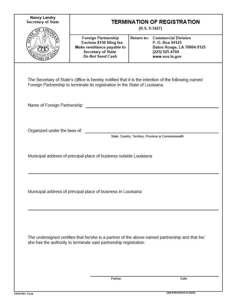 Termination Of Registration (Foreign Partnership) {394} | Pdf Fpdf Docx | Louisiana