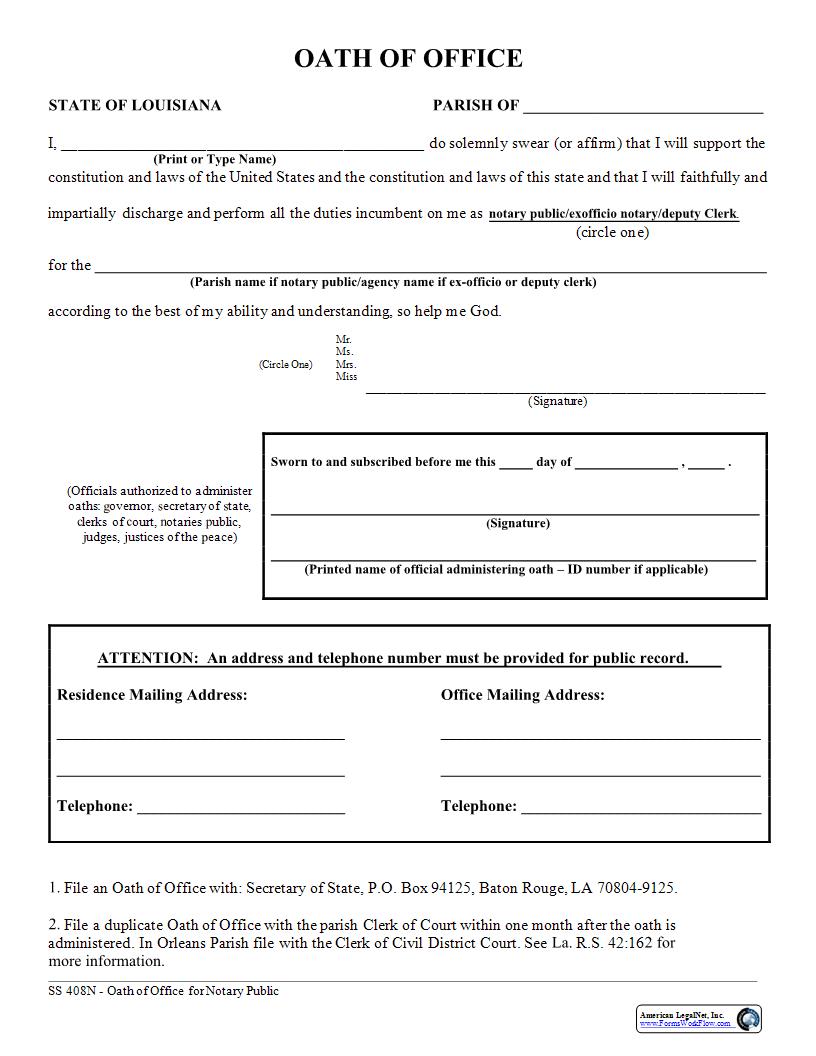 Oath Of Office {SS-408N} | Pdf Fpdf Docx | Louisiana