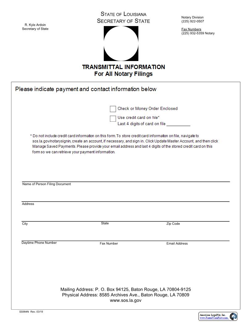 Transmittal Information For All Notary Filings {984-N} | Pdf Fpdf Docx | Louisiana